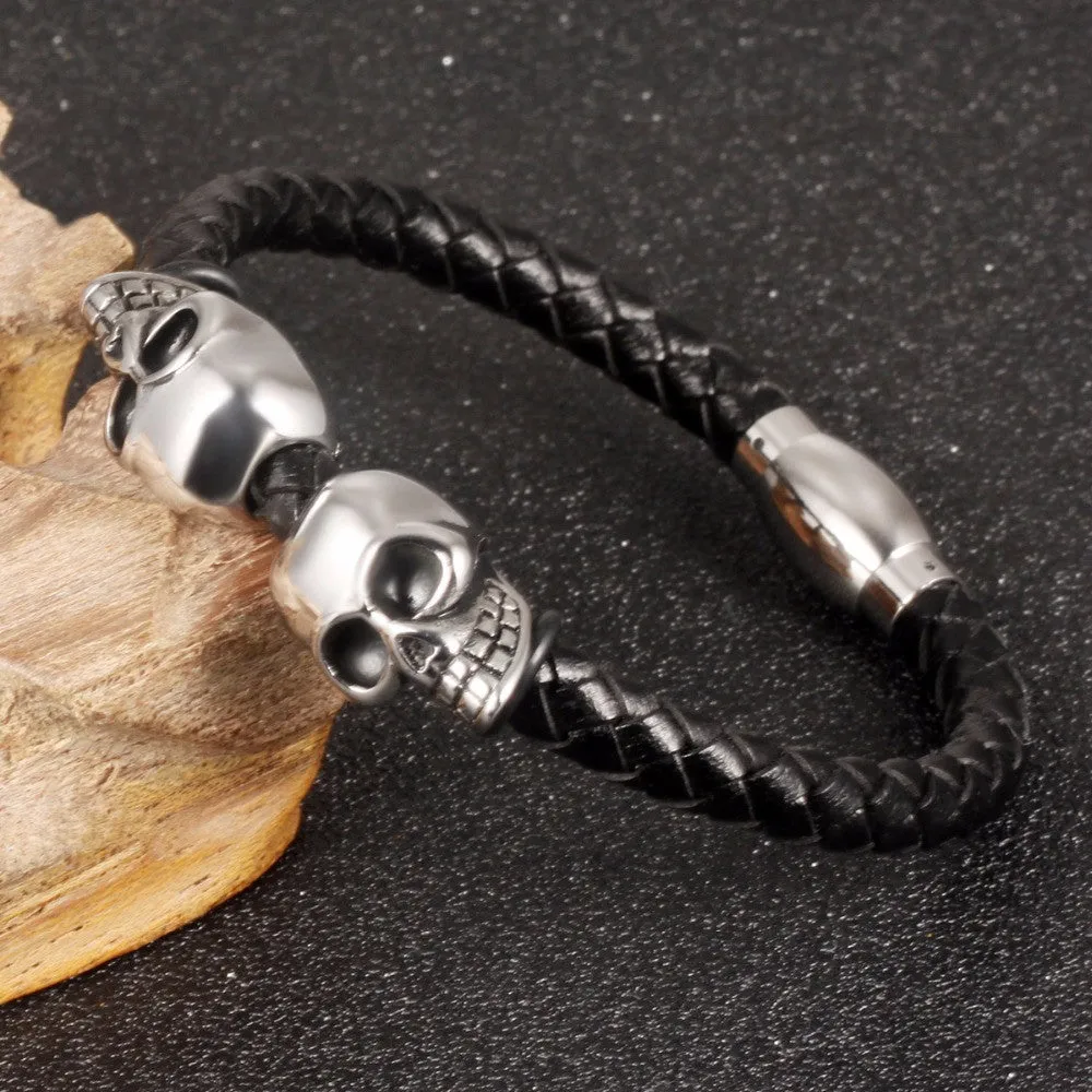 New Fashion Jewelry Man Accessories Handmade Cowide Leather Stainless Steel Skull Adornment Bangles Rock Punk Bracelet