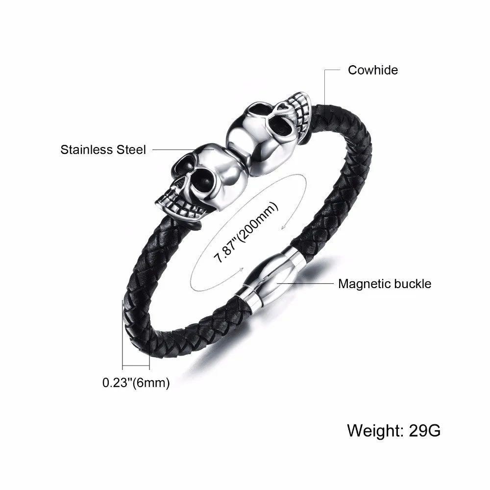 New Fashion Jewelry Man Accessories Handmade Cowide Leather Stainless Steel Skull Adornment Bangles Rock Punk Bracelet