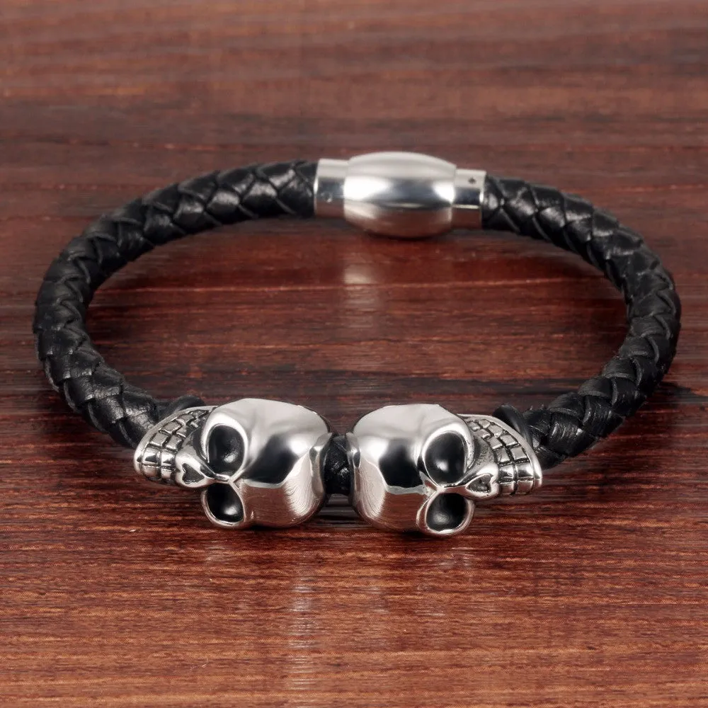 New Fashion Jewelry Man Accessories Handmade Cowide Leather Stainless Steel Skull Adornment Bangles Rock Punk Bracelet