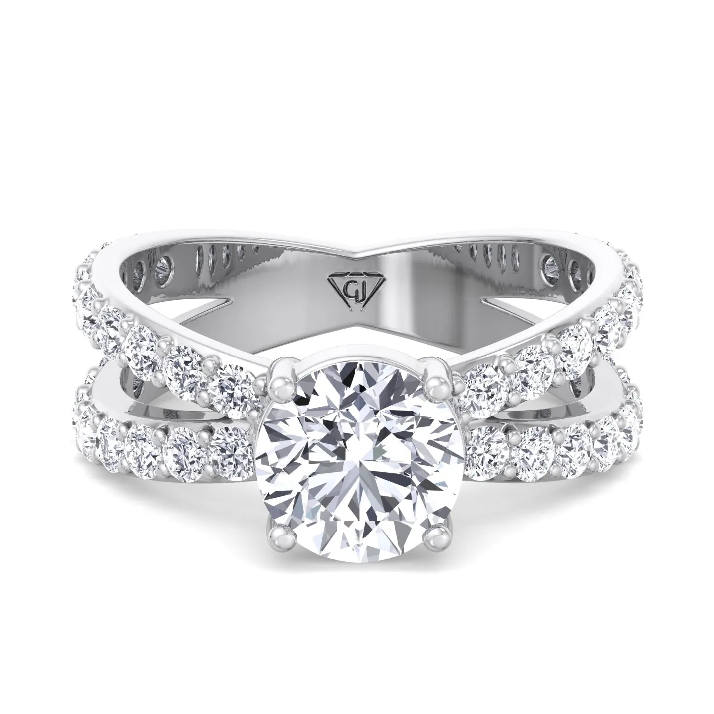 Praline - Split Double Band Round Diamond Ring with Side stones