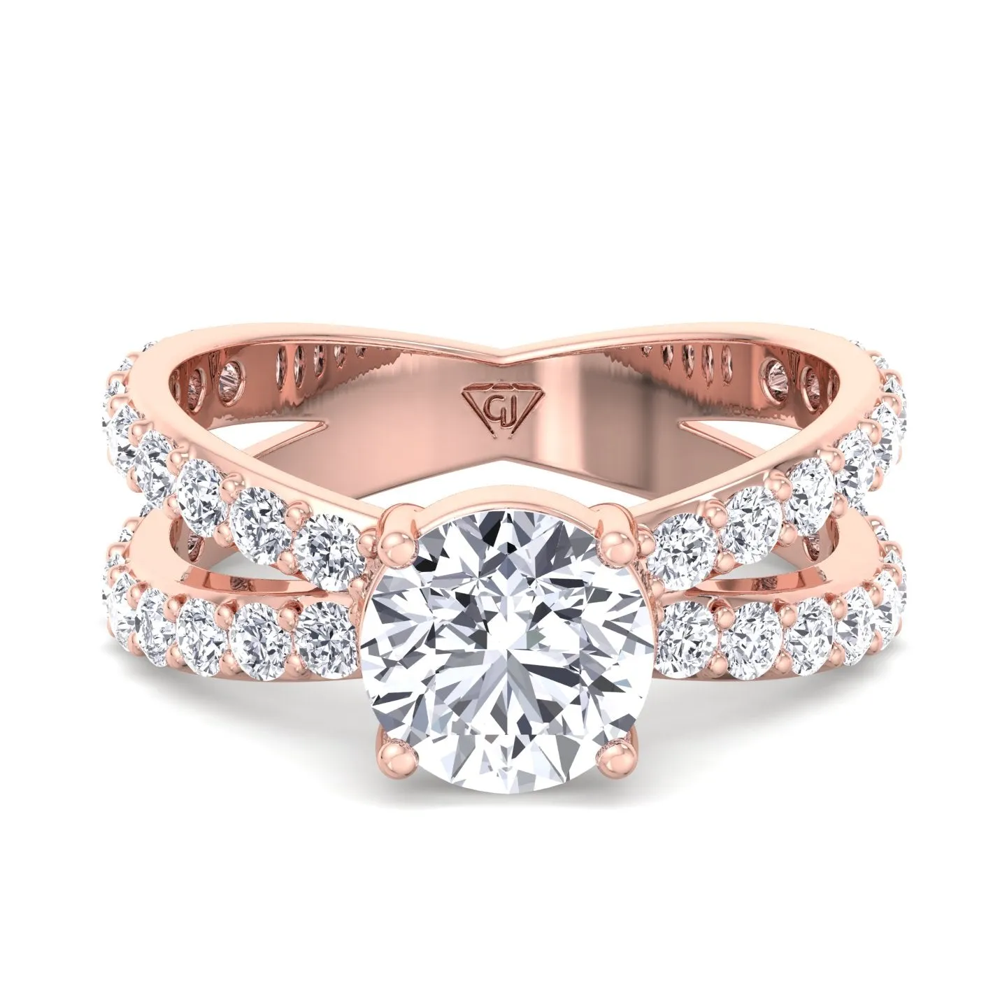 Praline - Split Double Band Round Diamond Ring with Side stones