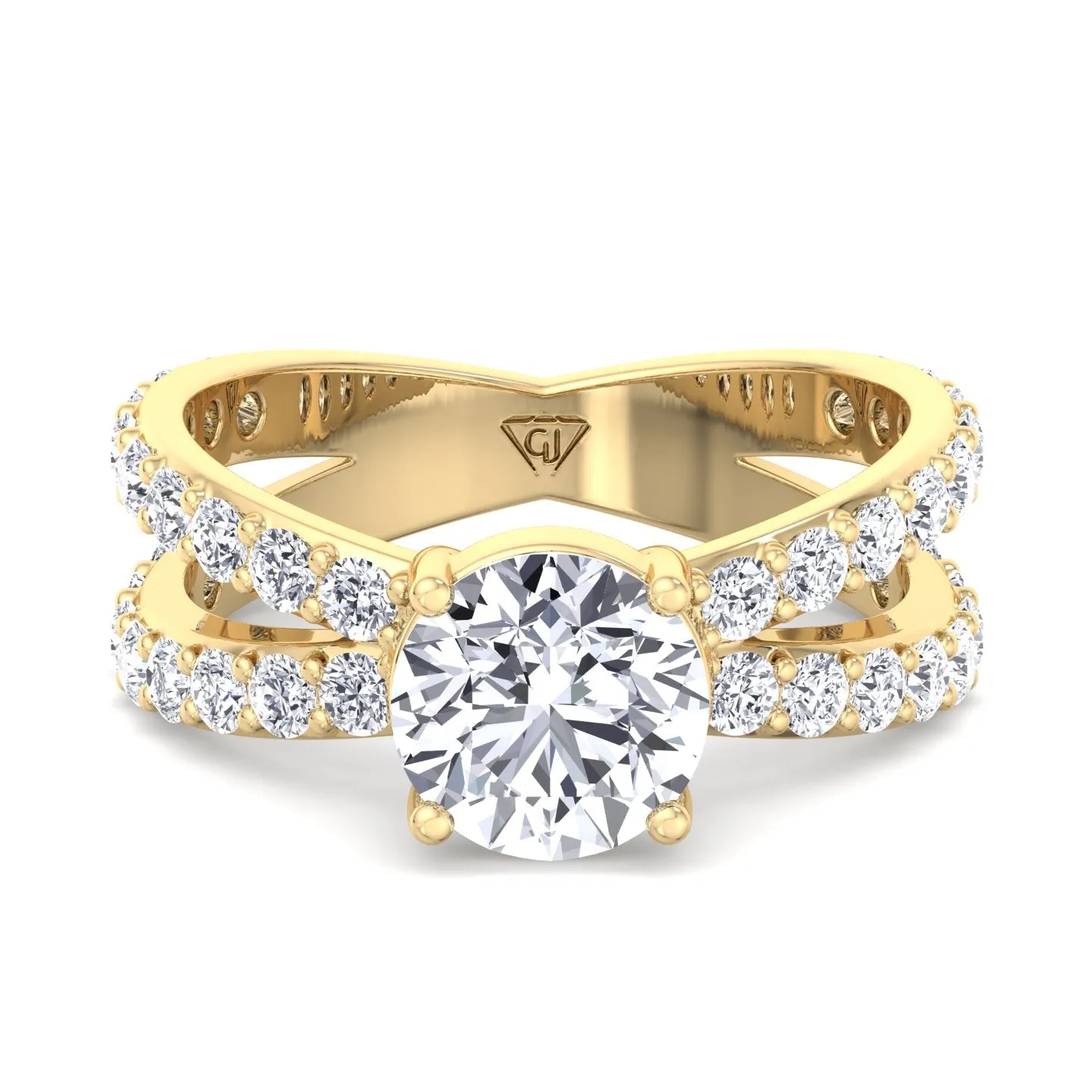 Praline - Split Double Band Round Diamond Ring with Side stones