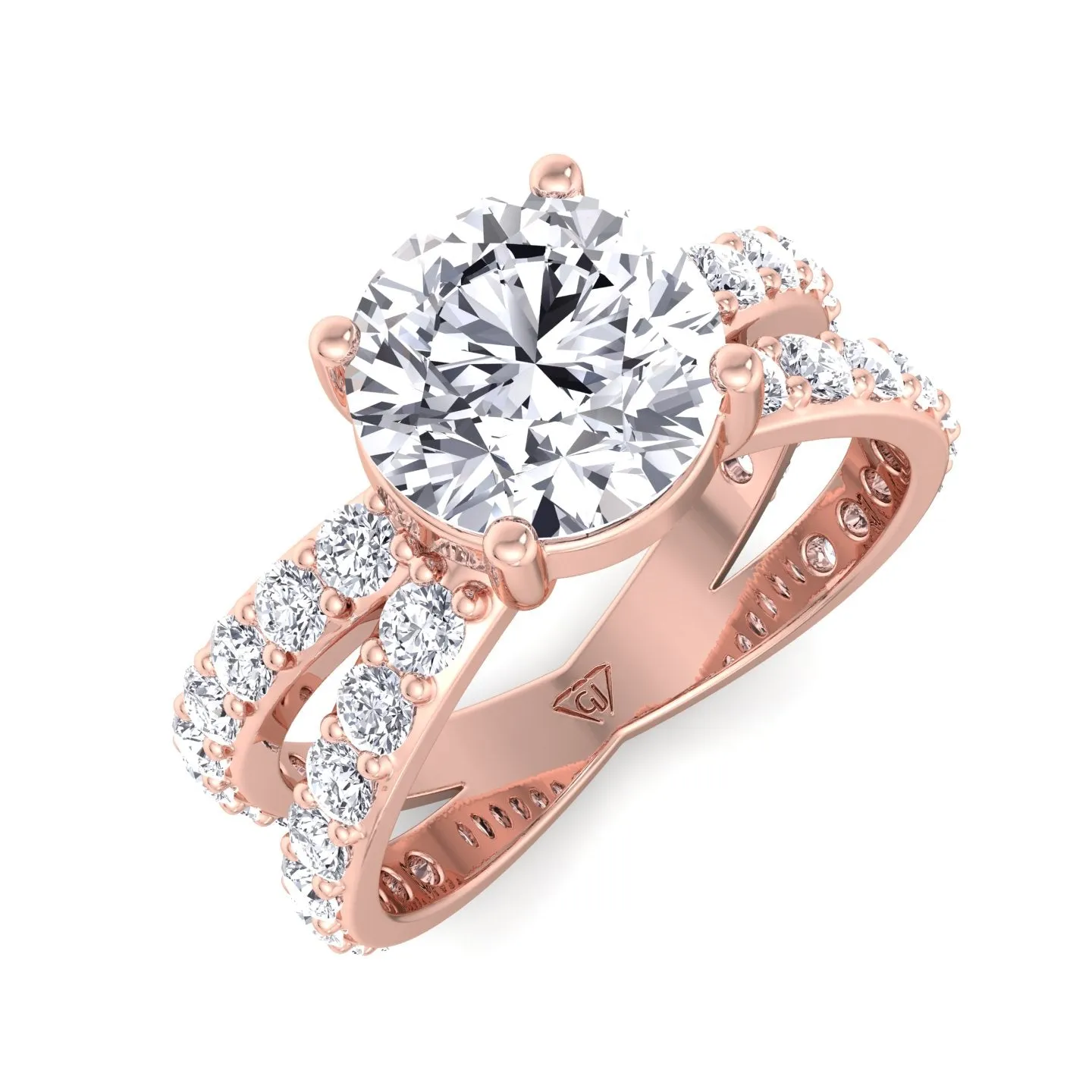 Praline - Split Double Band Round Diamond Ring with Side stones