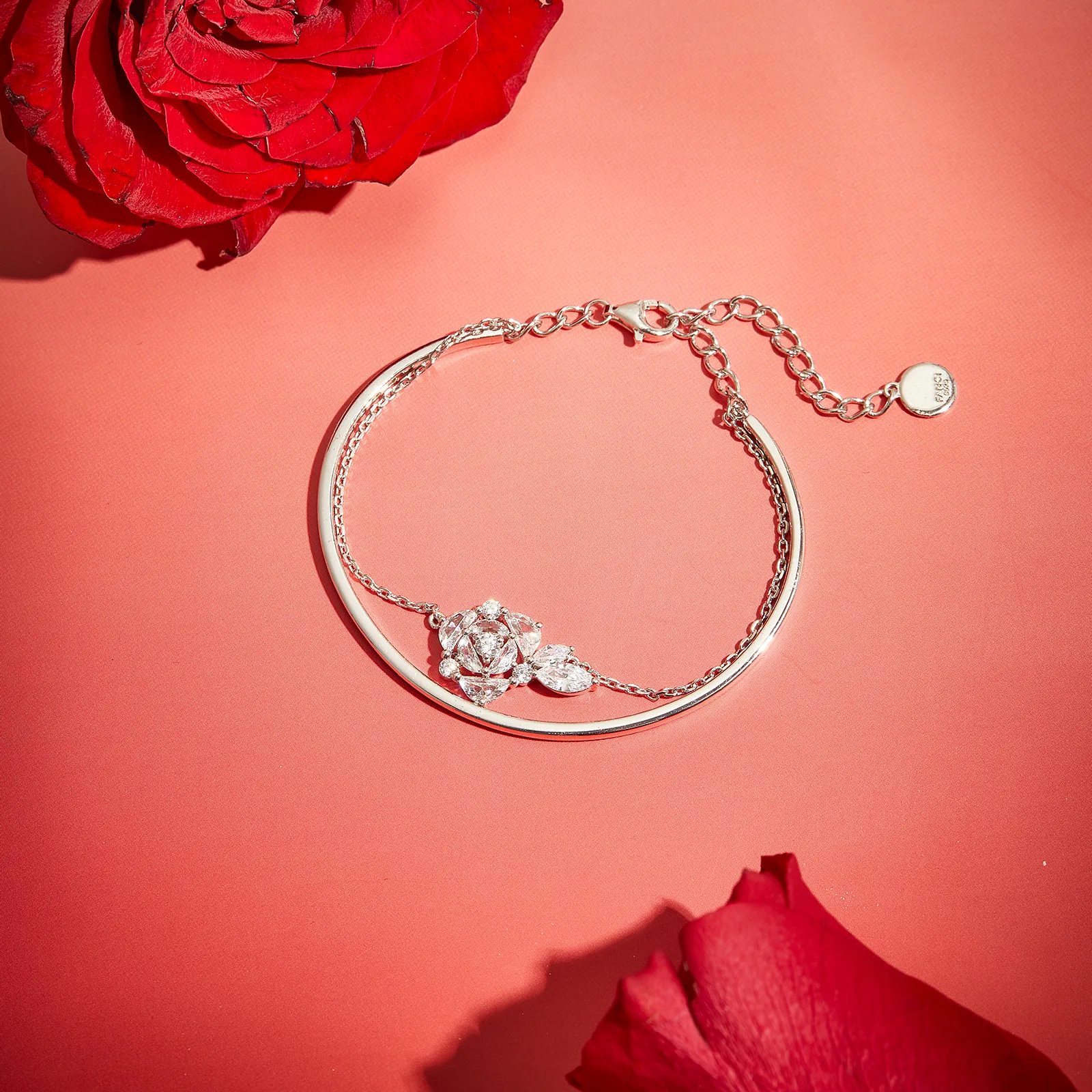 "Blooming Rose" Sterling Silver Bangle Bracelet