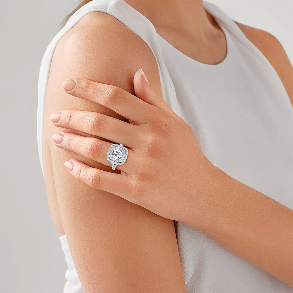 Round Brilliant Double Halo Moissanite Engagement Ring