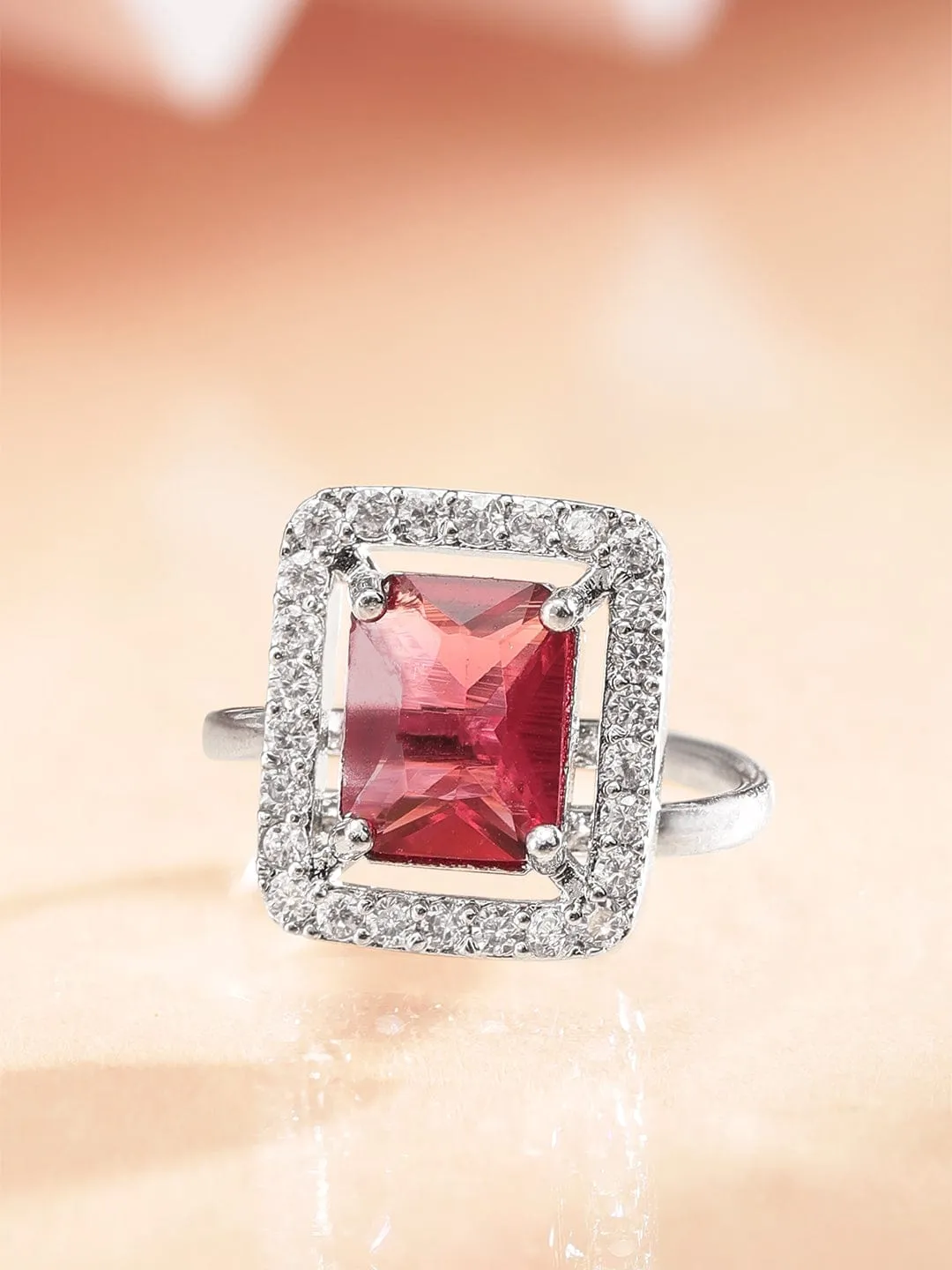 Rubans Rhodium plated Ruby Red Zirconia Classy Ring