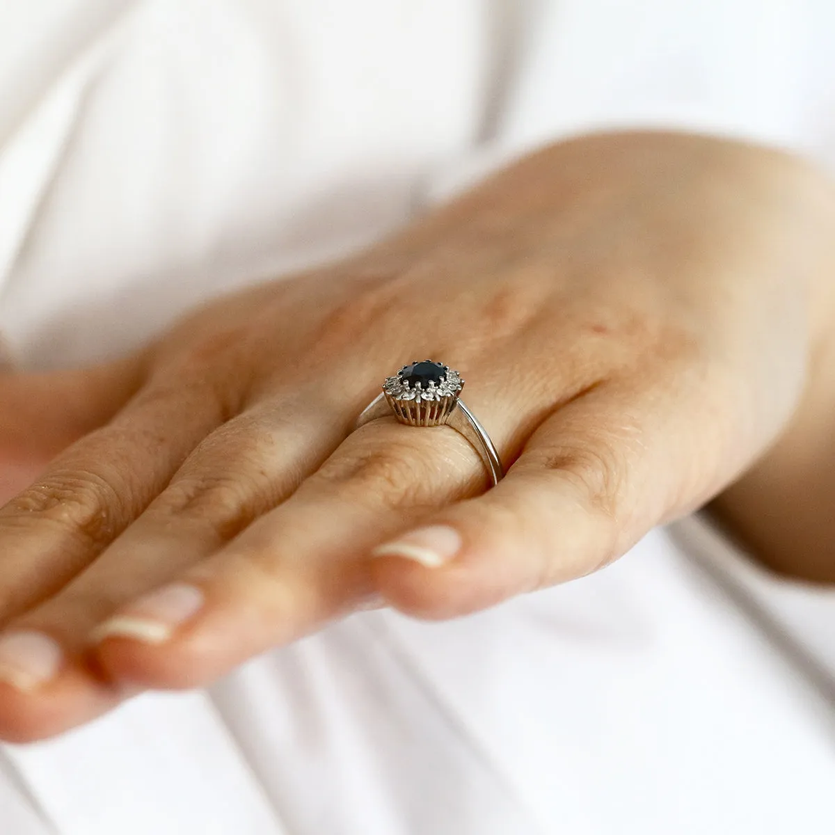 Sapphire and Diamond Bar Set Cluster Ring | Pre-Loved | 18K White Gold