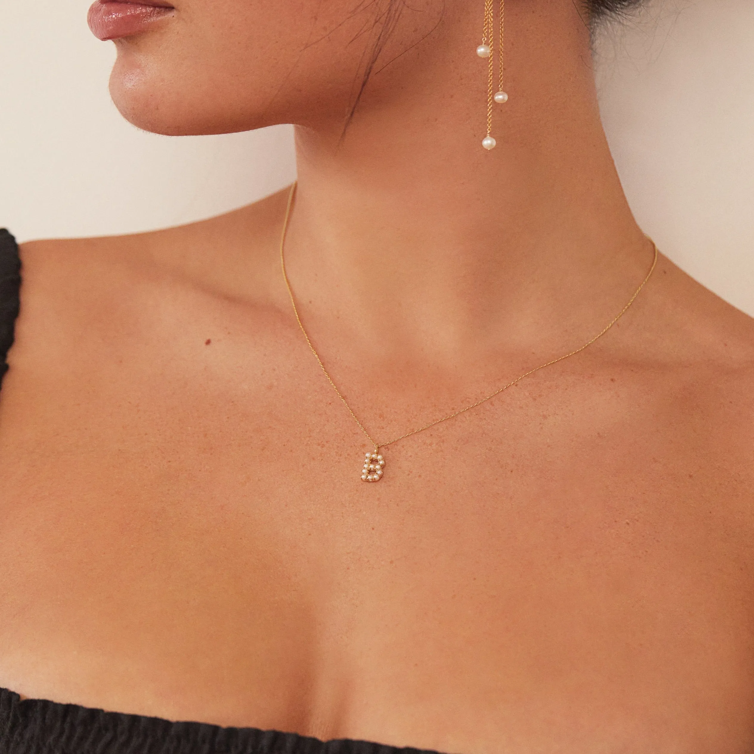 Solid Gold Pearl Initial Letter Necklace