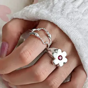 VAIGE Elegant Silver Flower Chain Tassel Ring with Sparkling Zircon