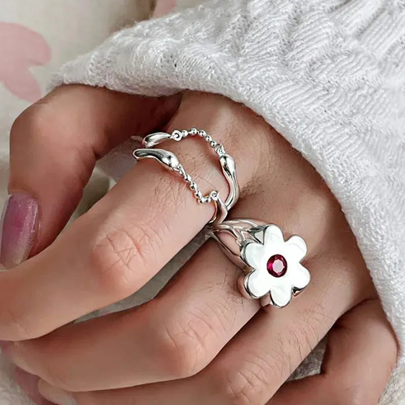 VAIGE Elegant Silver Flower Chain Tassel Ring with Sparkling Zircon