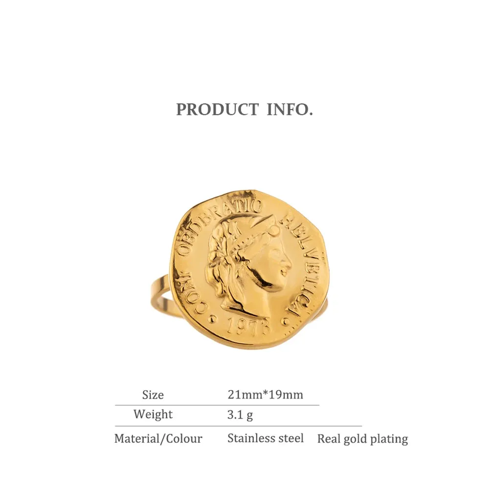 VAIGE Timeless Geometric Coin Portrait Stainless Steel Ring in Silver