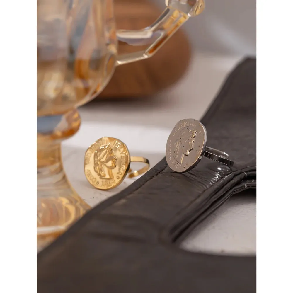 VAIGE Timeless Geometric Coin Portrait Stainless Steel Ring in Silver
