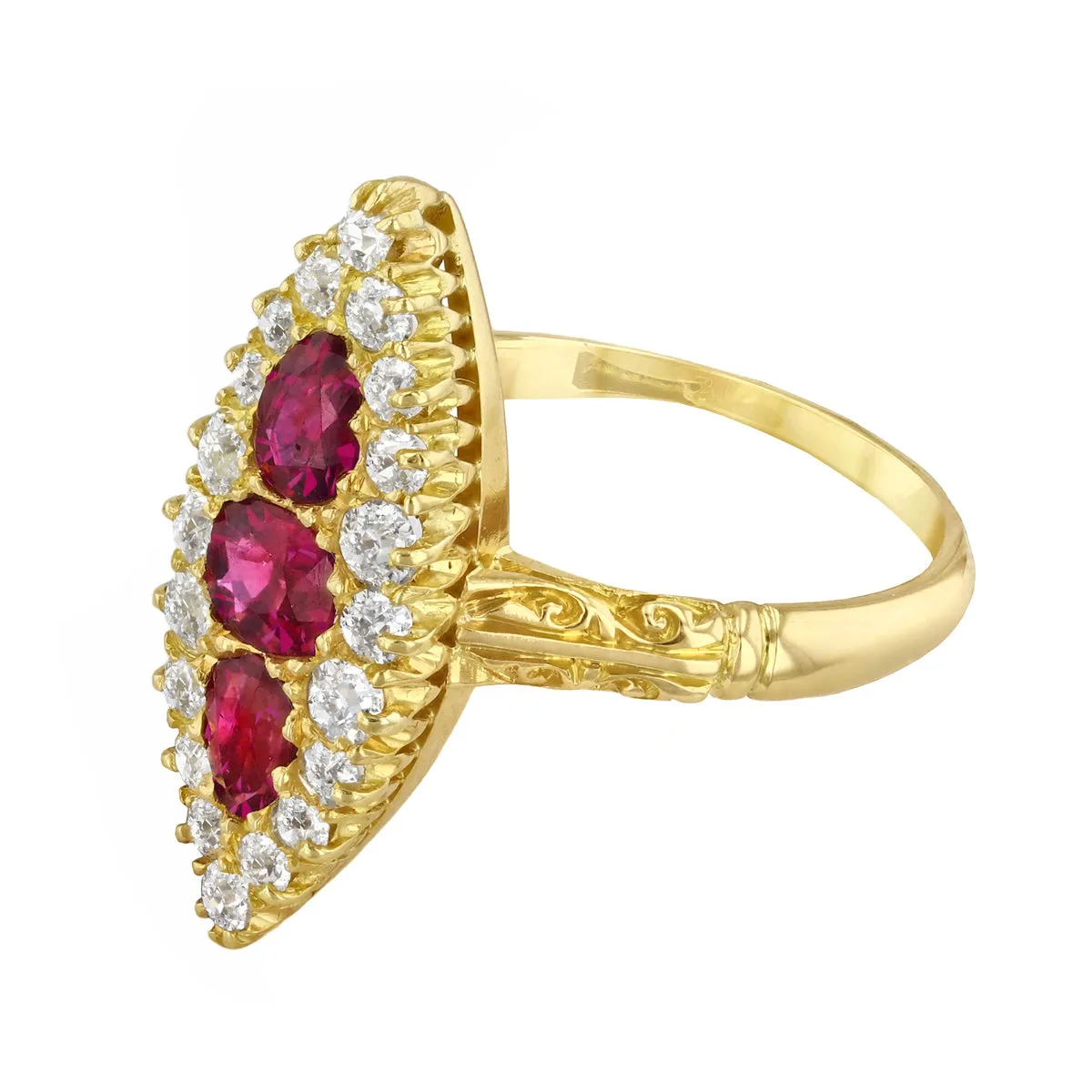 Victorian Navette Mixed Cut Ruby and Old Cut Diamond Dress Ring | Pre-Loved | 18K Yellow Gold