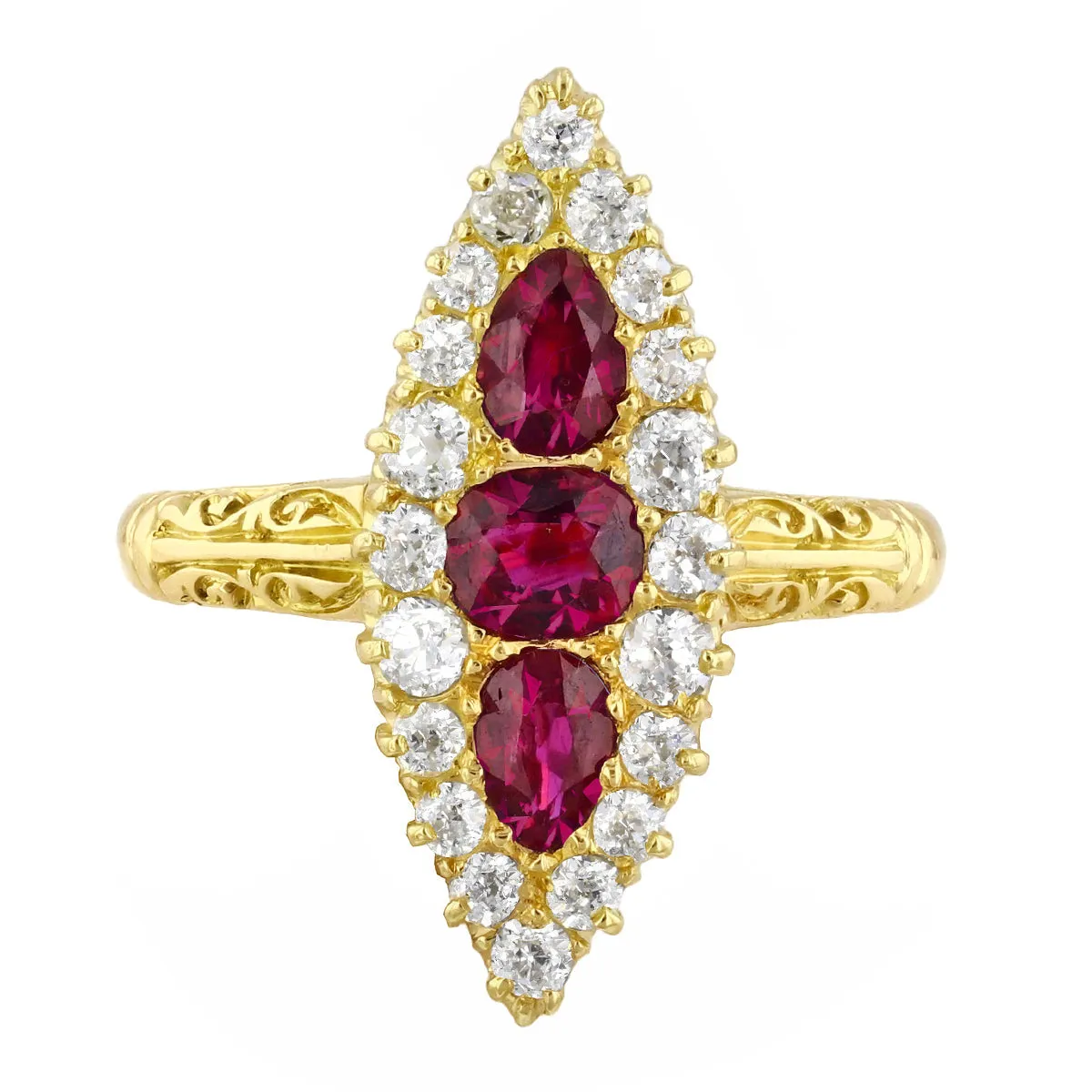 Victorian Navette Mixed Cut Ruby and Old Cut Diamond Dress Ring | Pre-Loved | 18K Yellow Gold