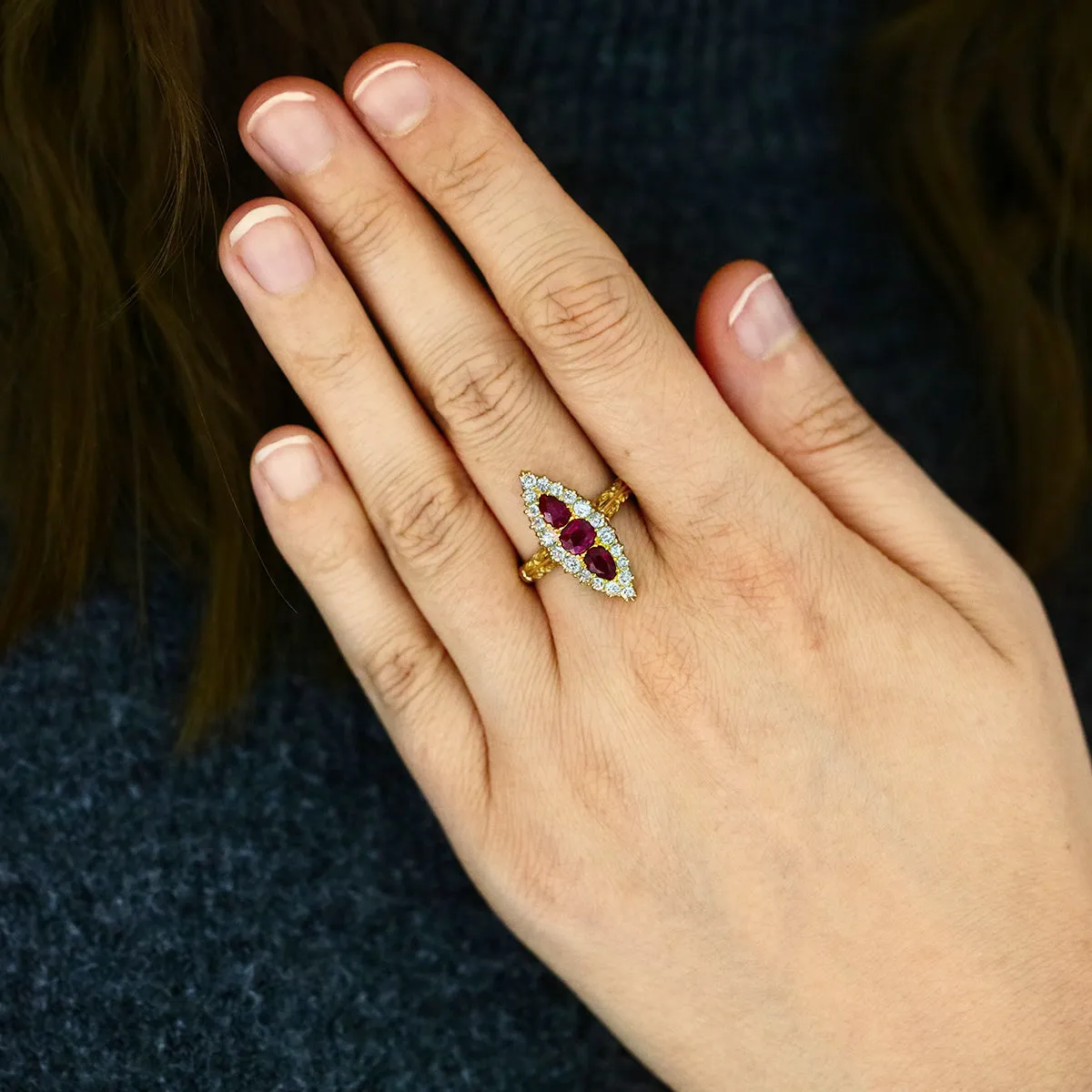 Victorian Navette Mixed Cut Ruby and Old Cut Diamond Dress Ring | Pre-Loved | 18K Yellow Gold