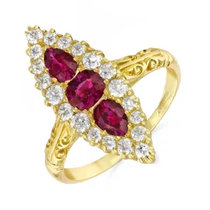 Victorian Navette Mixed Cut Ruby and Old Cut Diamond Dress Ring | Pre-Loved | 18K Yellow Gold