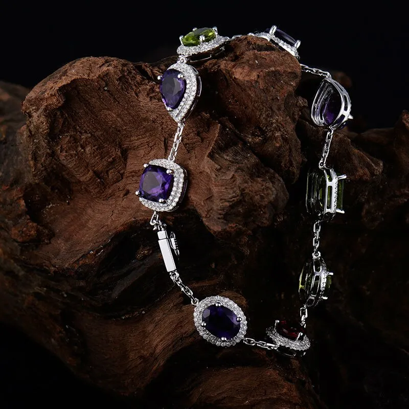 Vintage Unqiue Solid 14Kt White Gold Natural  Amethyst Peridot Garnet Bracelet Natural Gem Luxury Design Wedding Jewelry NA0014A