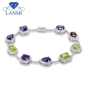 Vintage Unqiue Solid 14Kt White Gold Natural  Amethyst Peridot Garnet Bracelet Natural Gem Luxury Design Wedding Jewelry NA0014A