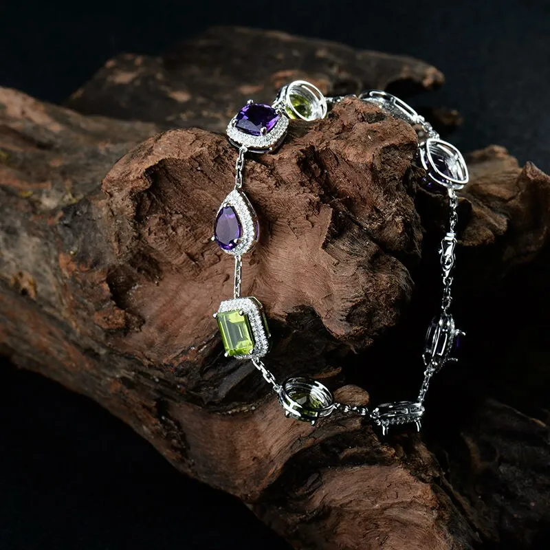 Vintage Unqiue Solid 14Kt White Gold Natural  Amethyst Peridot Garnet Bracelet Natural Gem Luxury Design Wedding Jewelry NA0014A