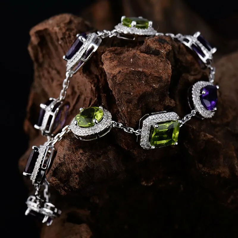 Vintage Unqiue Solid 14Kt White Gold Natural  Amethyst Peridot Garnet Bracelet Natural Gem Luxury Design Wedding Jewelry NA0014A