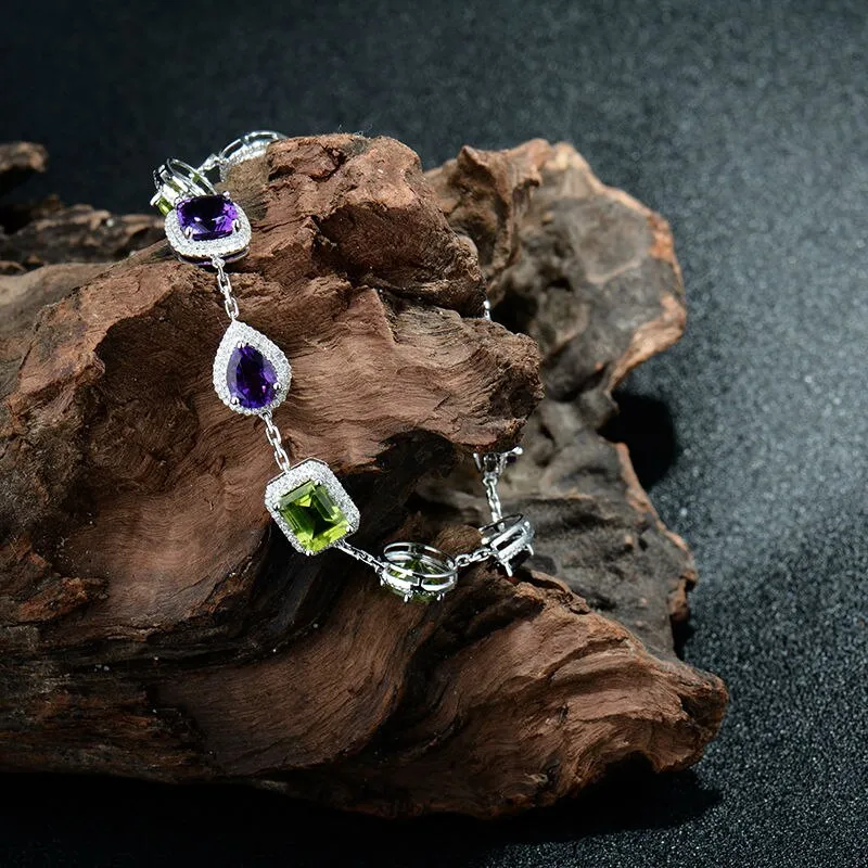 Vintage Unqiue Solid 14Kt White Gold Natural  Amethyst Peridot Garnet Bracelet Natural Gem Luxury Design Wedding Jewelry NA0014A