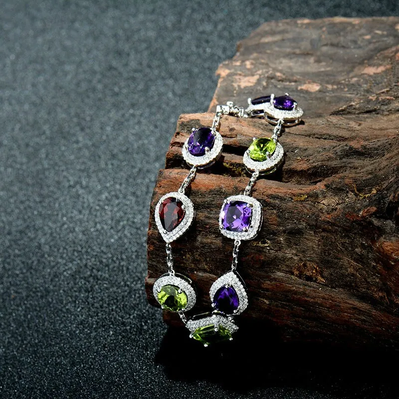 Vintage Unqiue Solid 14Kt White Gold Natural  Amethyst Peridot Garnet Bracelet Natural Gem Luxury Design Wedding Jewelry NA0014A