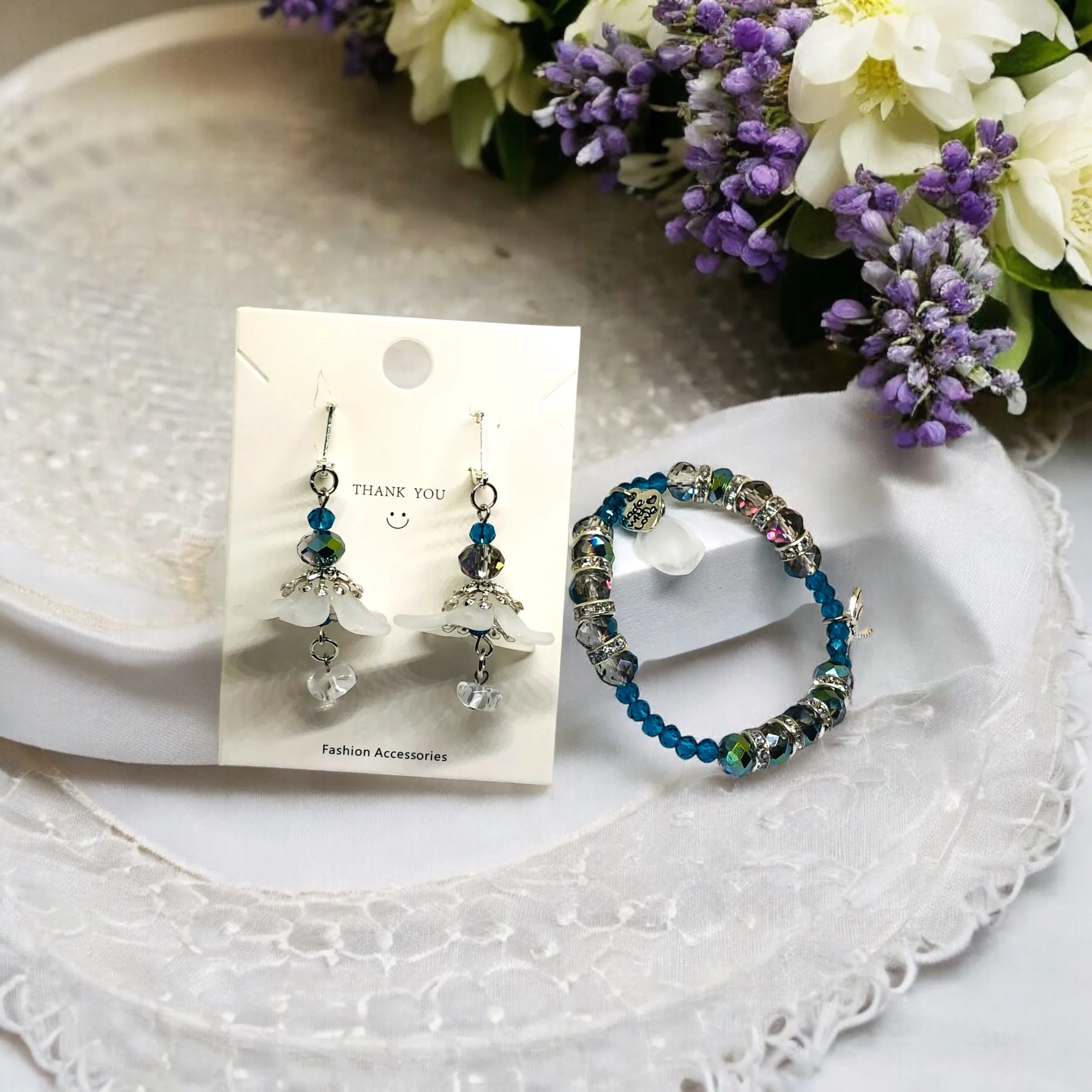 White Bohemian Bloom Earrings and Bracelet Set