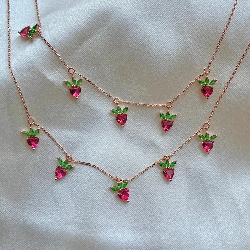 Wholesale Colorful Zircon Cherry Peach Tropical Fruit Copper Necklace