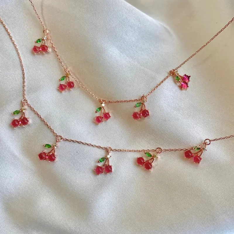 Wholesale Colorful Zircon Cherry Peach Tropical Fruit Copper Necklace