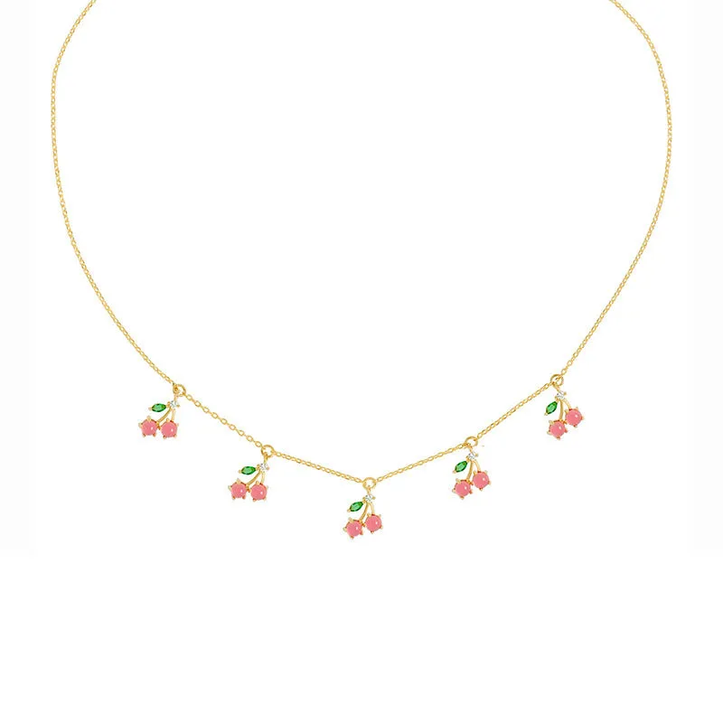Wholesale Colorful Zircon Cherry Peach Tropical Fruit Copper Necklace