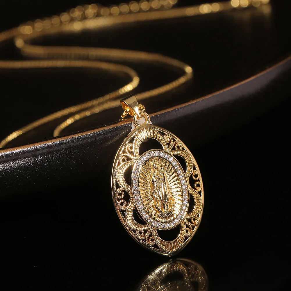 Wholesale Copper Geometric Hollow Pattern Virgin Mary Pendant Necklace