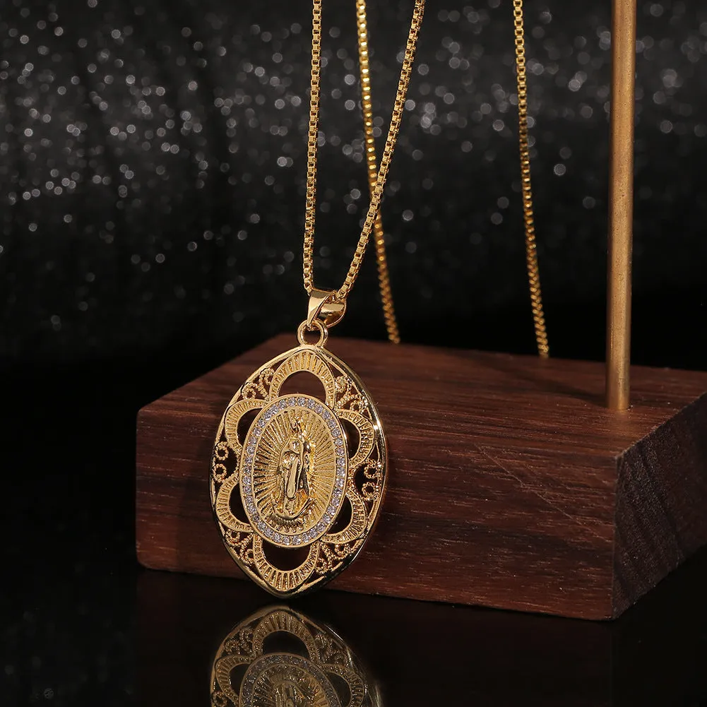 Wholesale Copper Geometric Hollow Pattern Virgin Mary Pendant Necklace