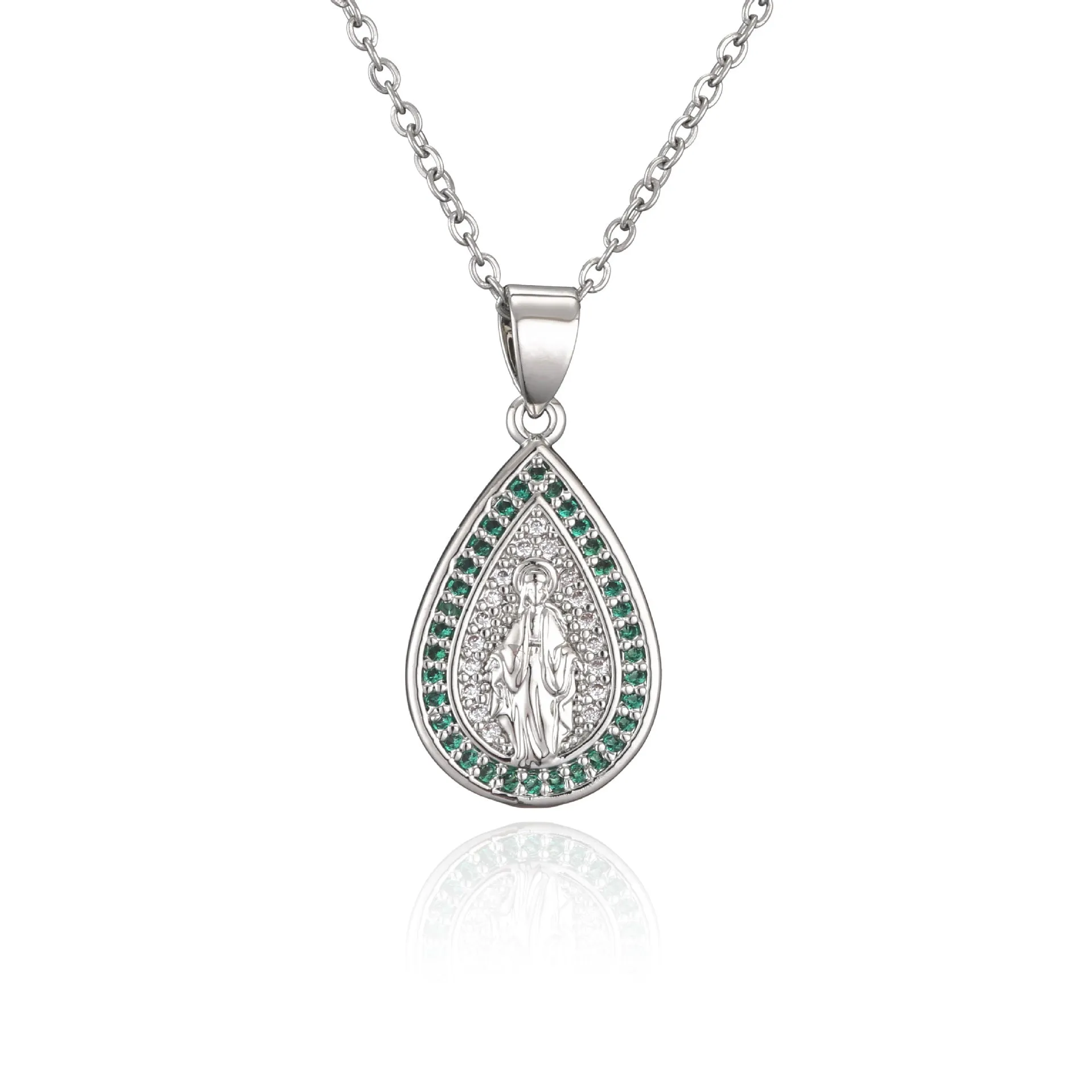 Wholesale Copper Micro-paved Colored Diamond Drop Shaped Virgin Mary Necklace
