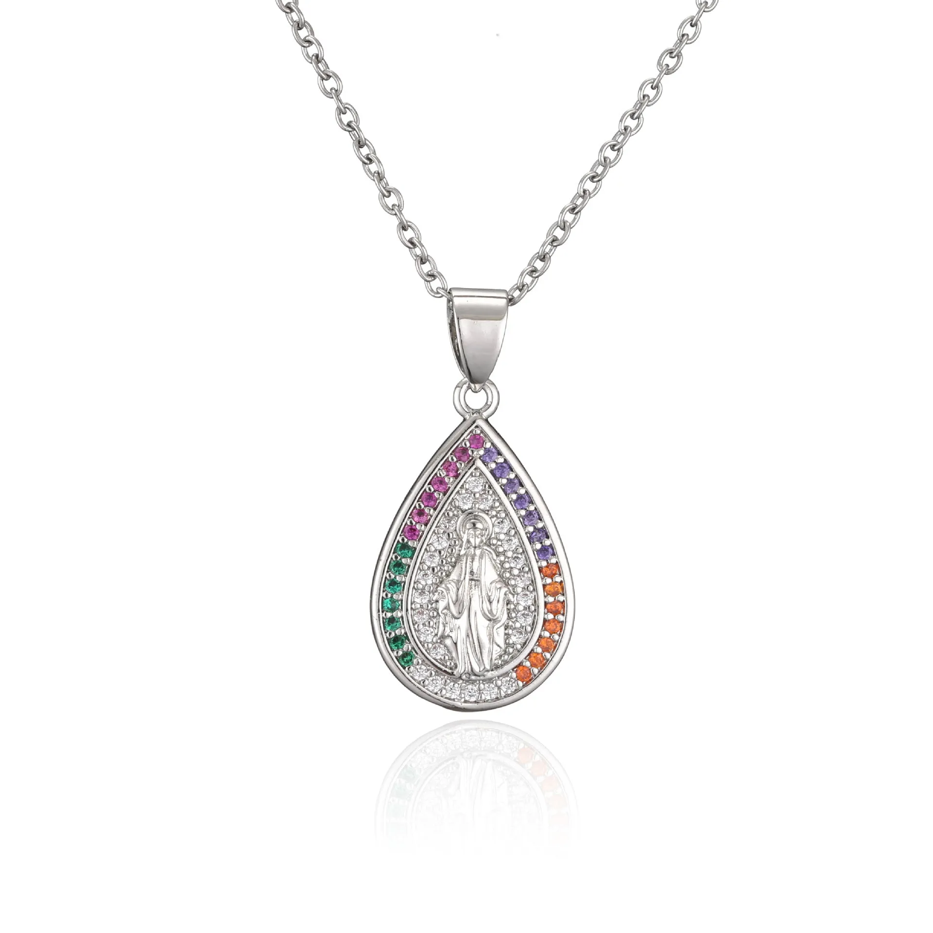 Wholesale Copper Micro-paved Colored Diamond Drop Shaped Virgin Mary Necklace