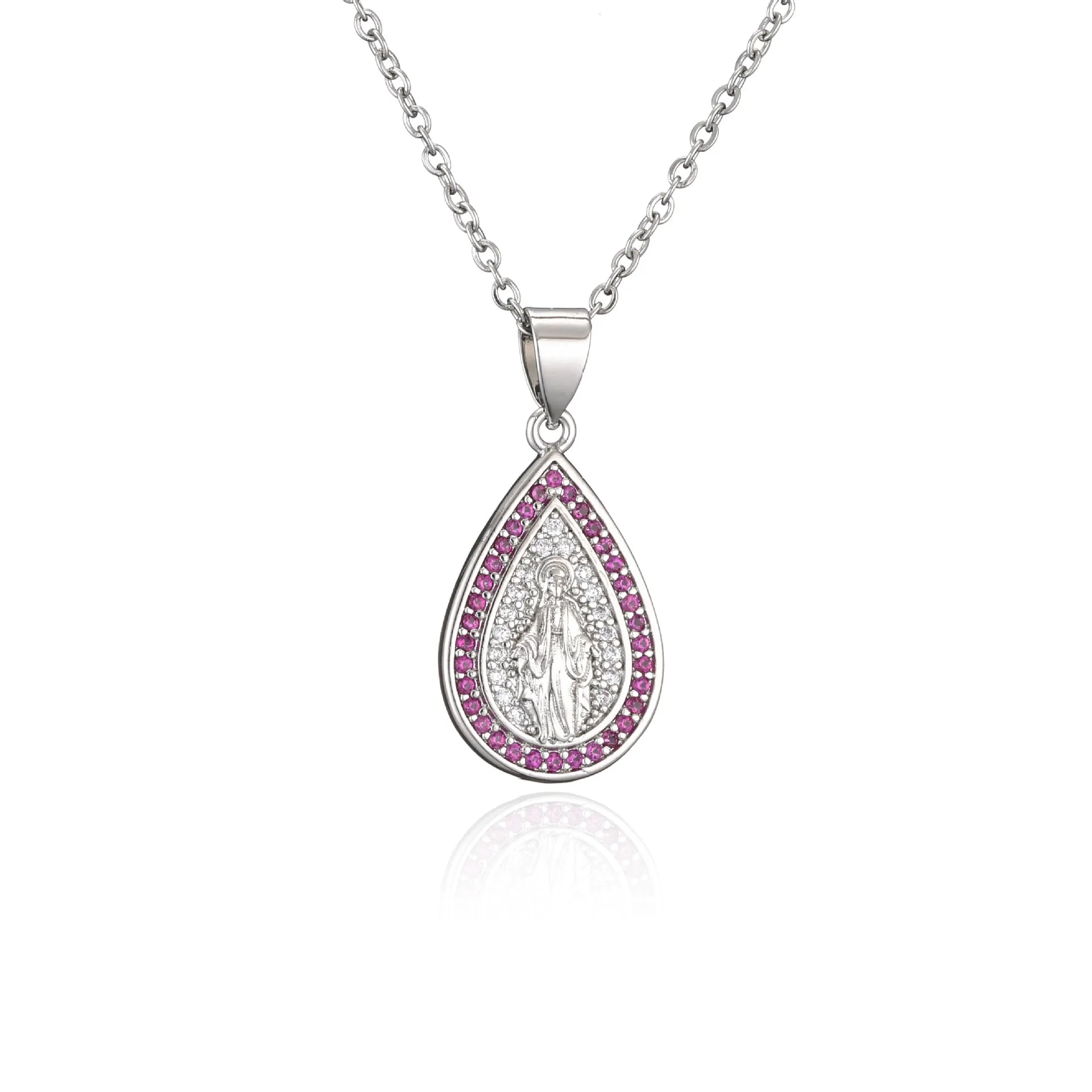Wholesale Copper Micro-paved Colored Diamond Drop Shaped Virgin Mary Necklace