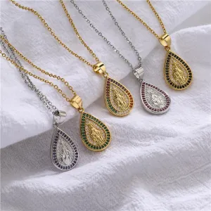 Wholesale Copper Micro-paved Colored Diamond Drop Shaped Virgin Mary Necklace
