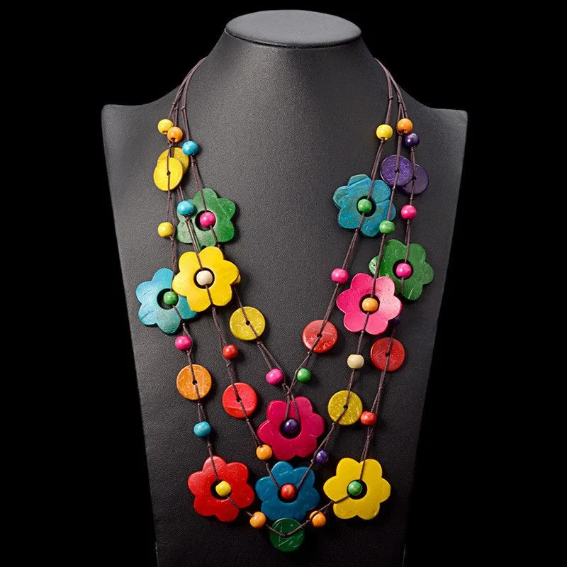 Wholesale Multilayer Flower Coconut Wood Shell Necklaces