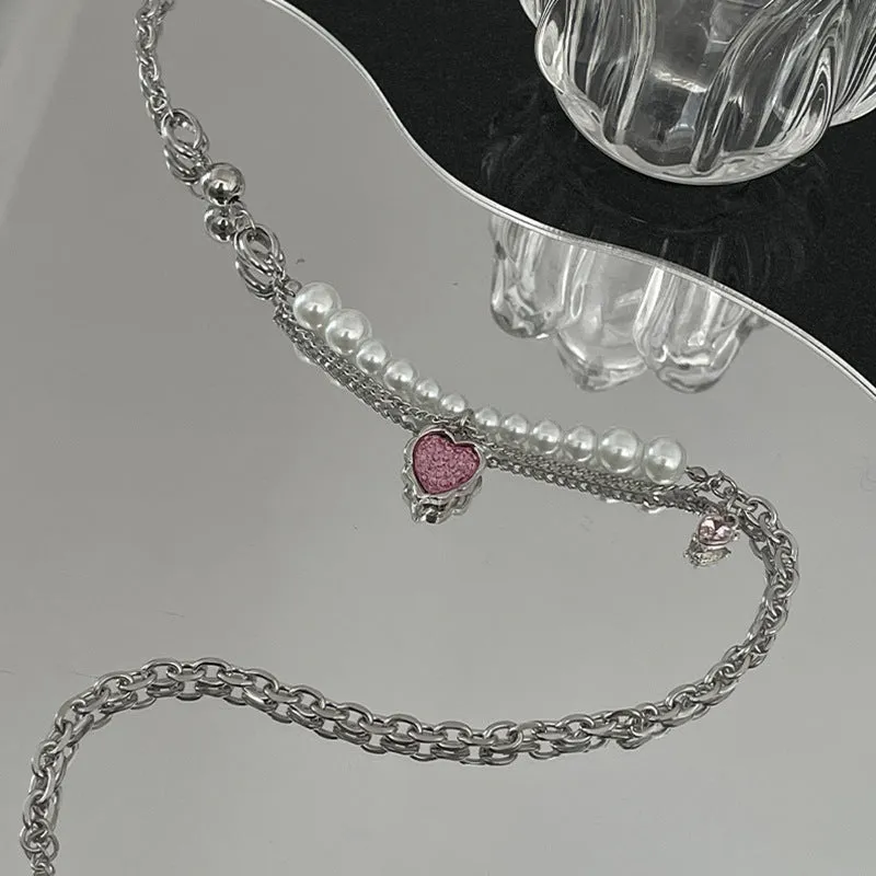Wholesale Pink Heart Pearl Stitching Necklaces