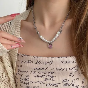 Wholesale Pink Heart Pearl Stitching Necklaces