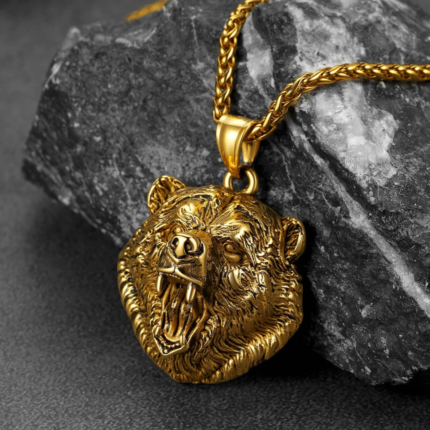 Wild Roaring Bear Head Pendant Necklace for Men