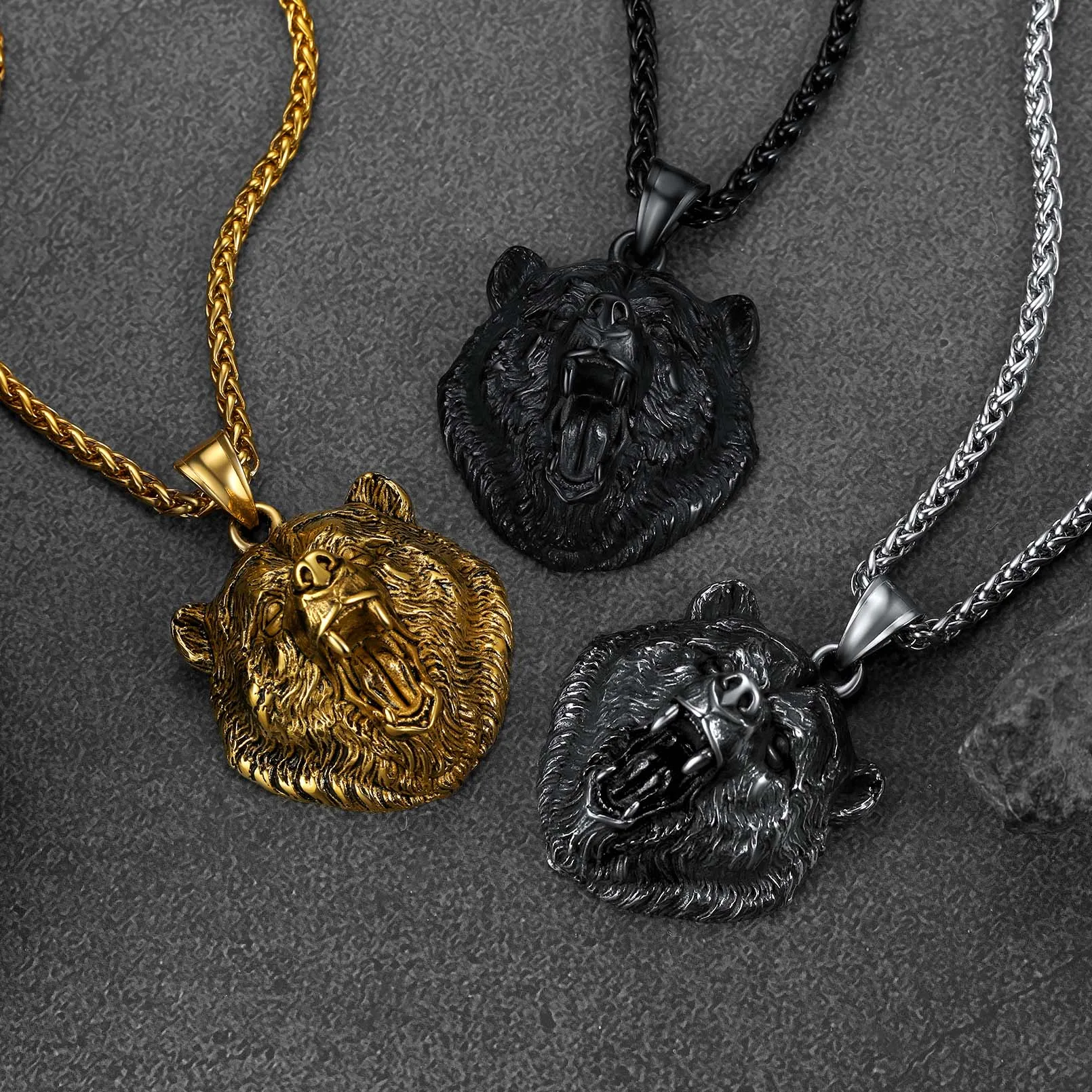 Wild Roaring Bear Head Pendant Necklace for Men