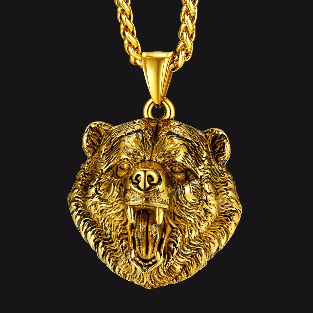 Wild Roaring Bear Head Pendant Necklace for Men