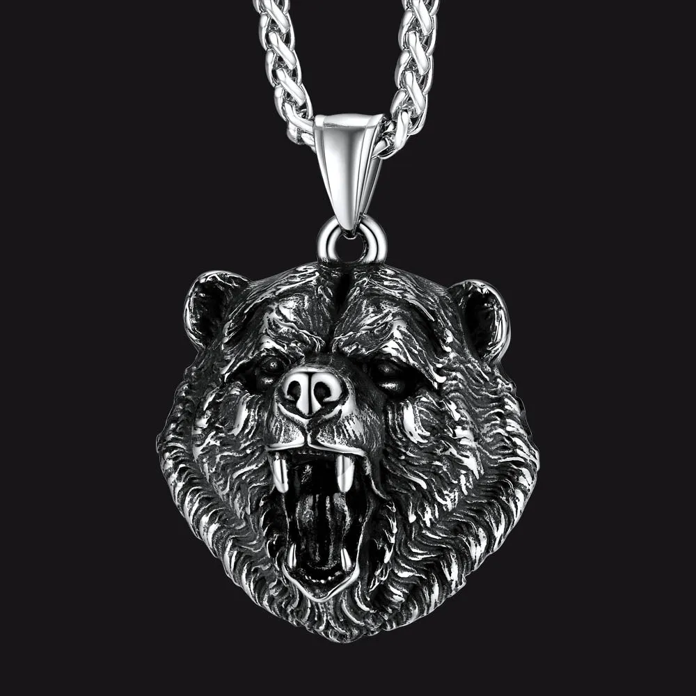 Wild Roaring Bear Head Pendant Necklace for Men