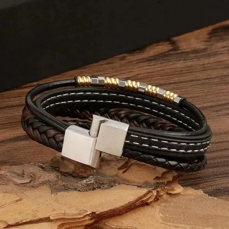 Wrap Bracelet Leather Mens Stack Bead Charm