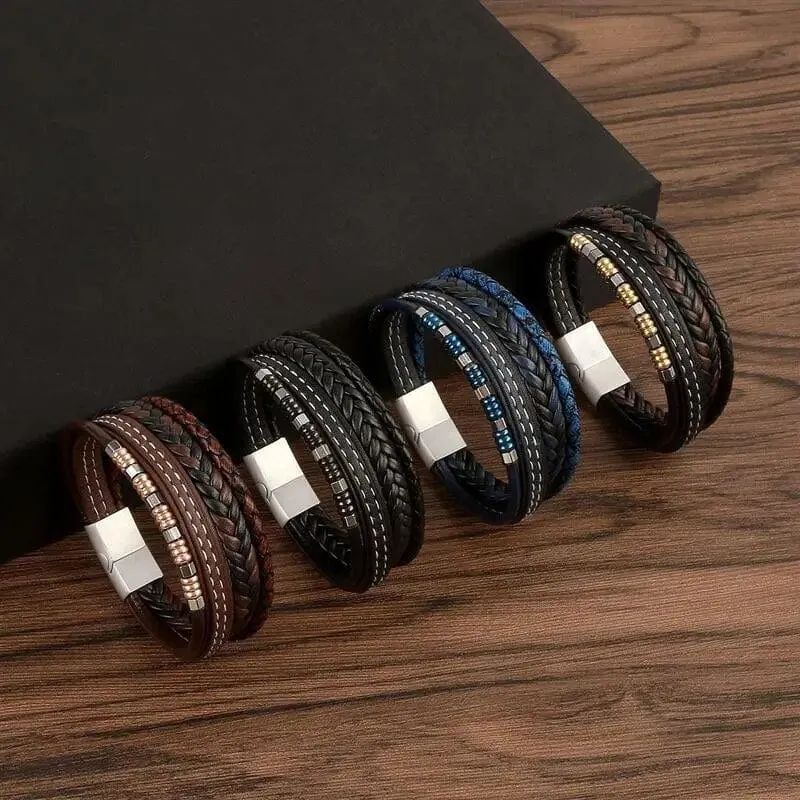Wrap Bracelet Leather Mens Stack Bead Charm