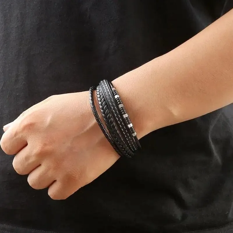 Wrap Bracelet Leather Mens Stack Bead Charm