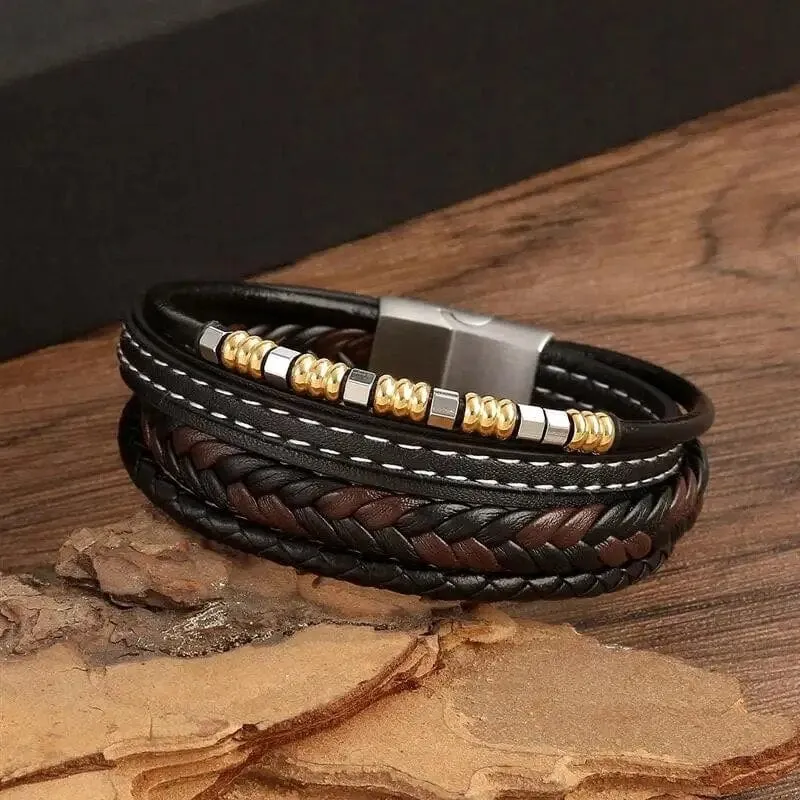 Wrap Bracelet Leather Mens Stack Bead Charm